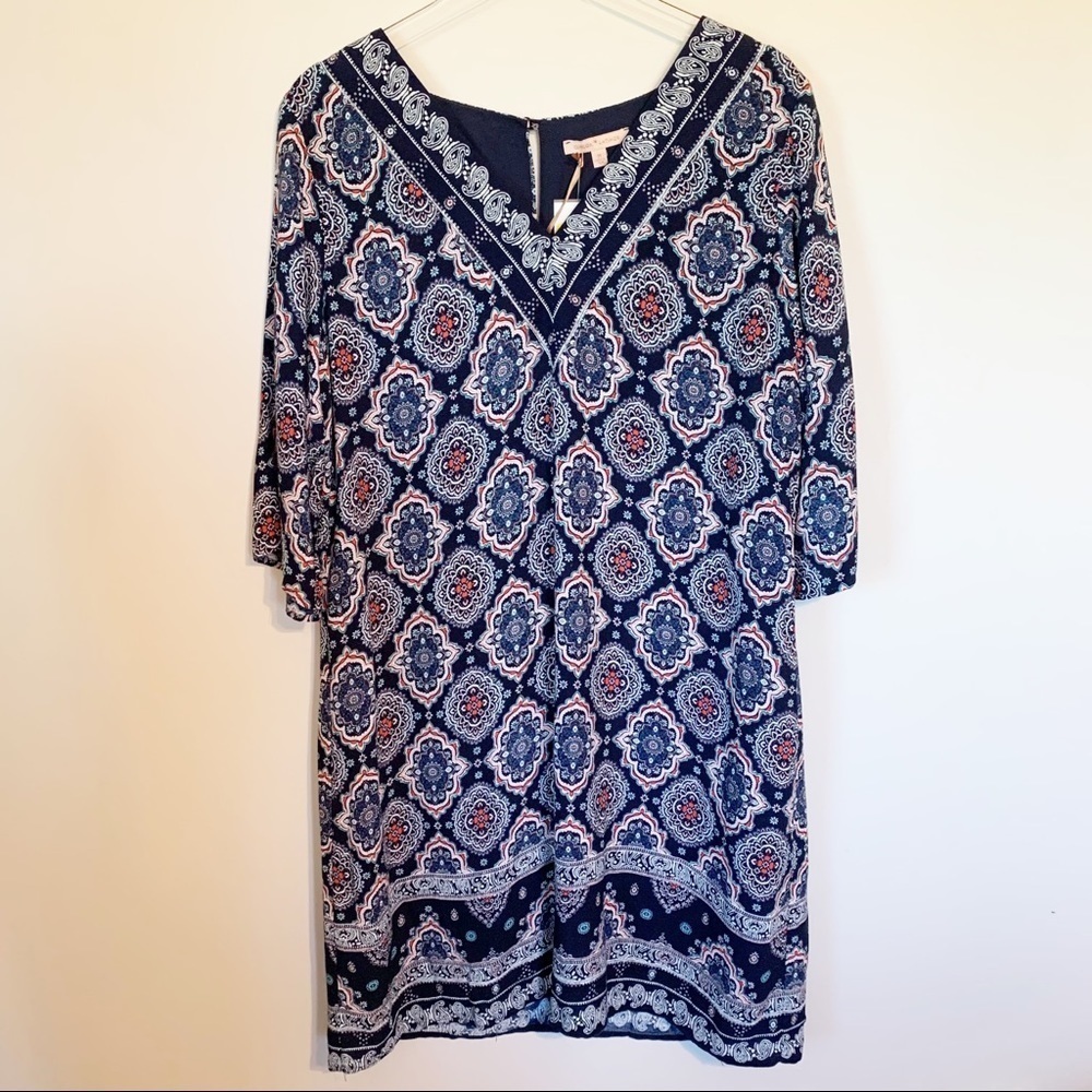Gibson Latimer Short Sleeve Blue Paisley Print V Neck Tunic Top Dress Medium